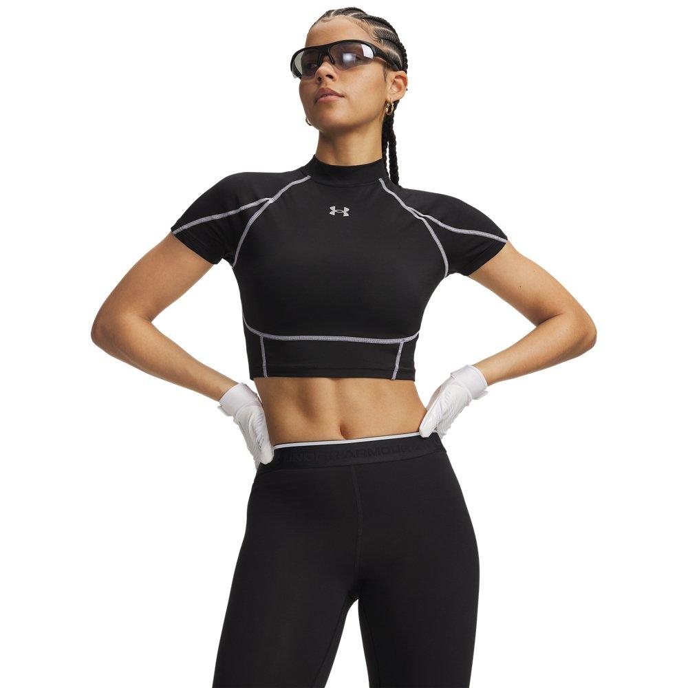 Under Armour Women's HeatGear NEOLAST Crop Mock Short Sleeve Top - Black/White - BLACK/WHITE